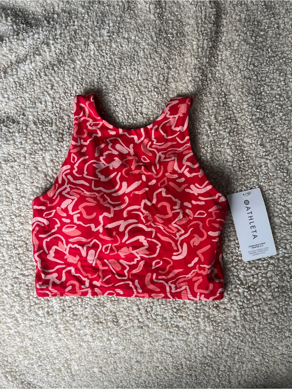 Athleta Red and Cream Printed High-Neck Crop Sports Bra